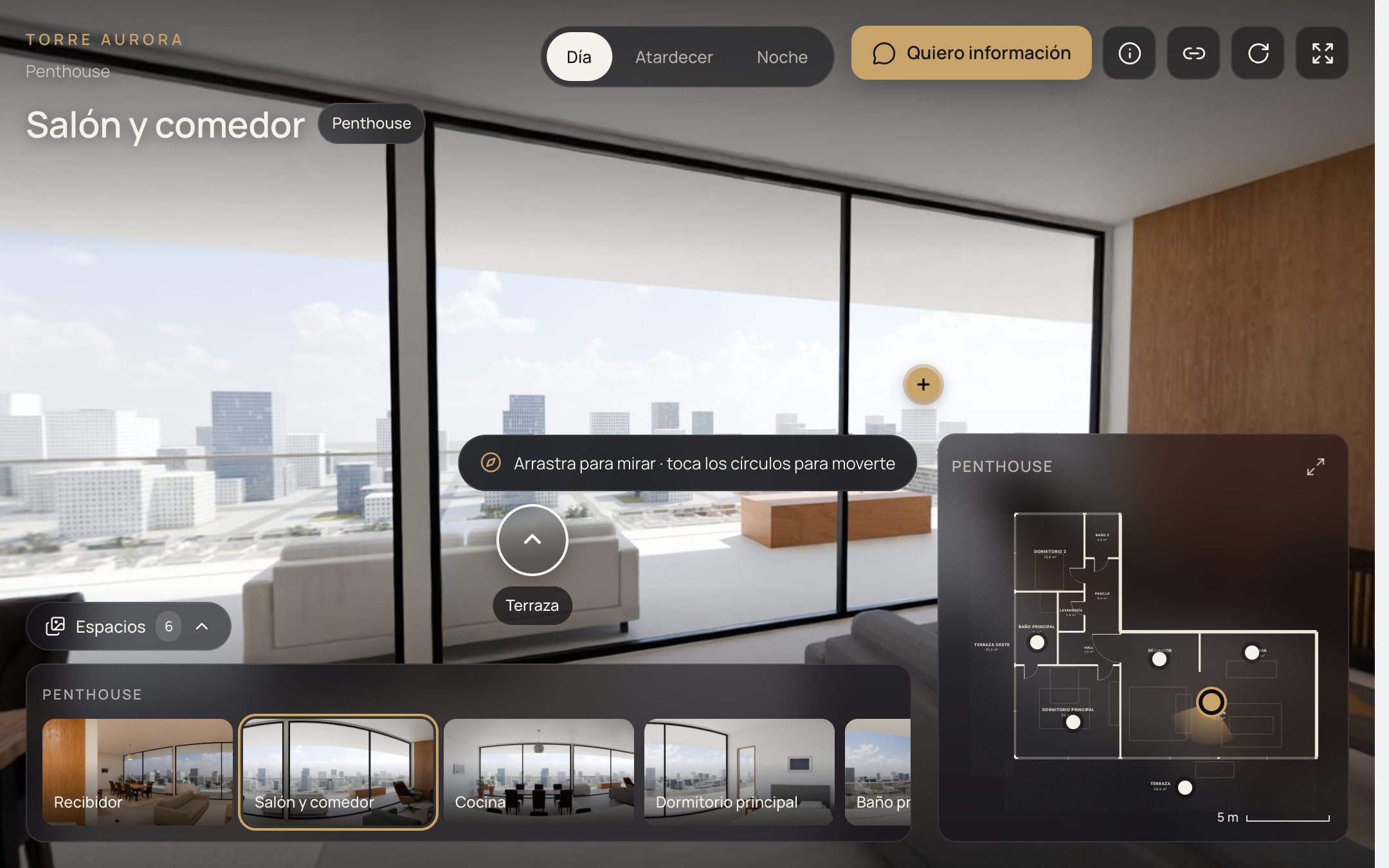 Salón del penthouse de Torre Aurora en el visor 360°
